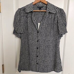 Banana Republic White and Blue Puff Sleeve Silk Blouse MEDIUM